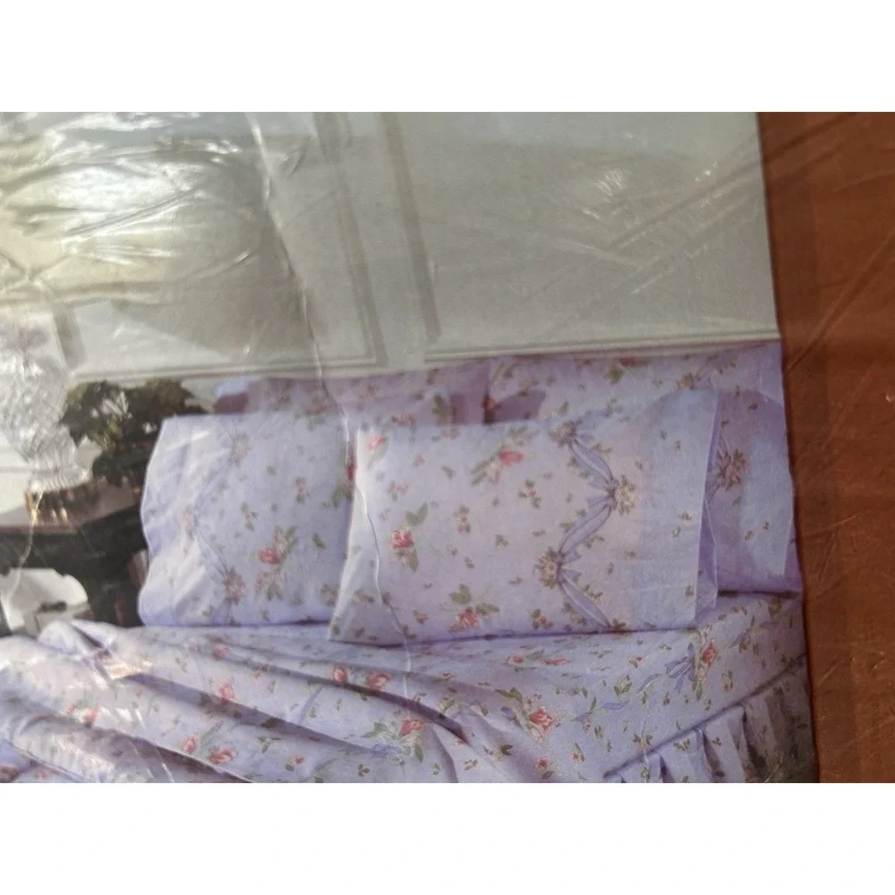 Vintage Burlington Caress Floral Fitted Twin Sheet Periwinkle Bouquet Ribbon New